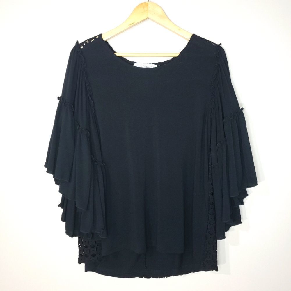 Del Lago Small NWT Black Cotton Boho Cottagecore Lace Butterfly Wing Sleeve Top
